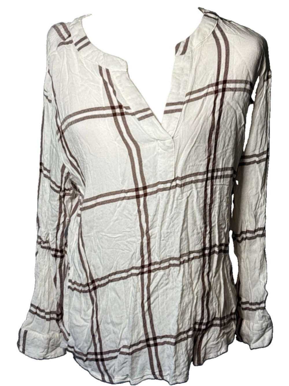 Jane + Delancey Womens Medium Top White Brown Plaid Windowpane Split Neck Boho M - Picture 1 of 7